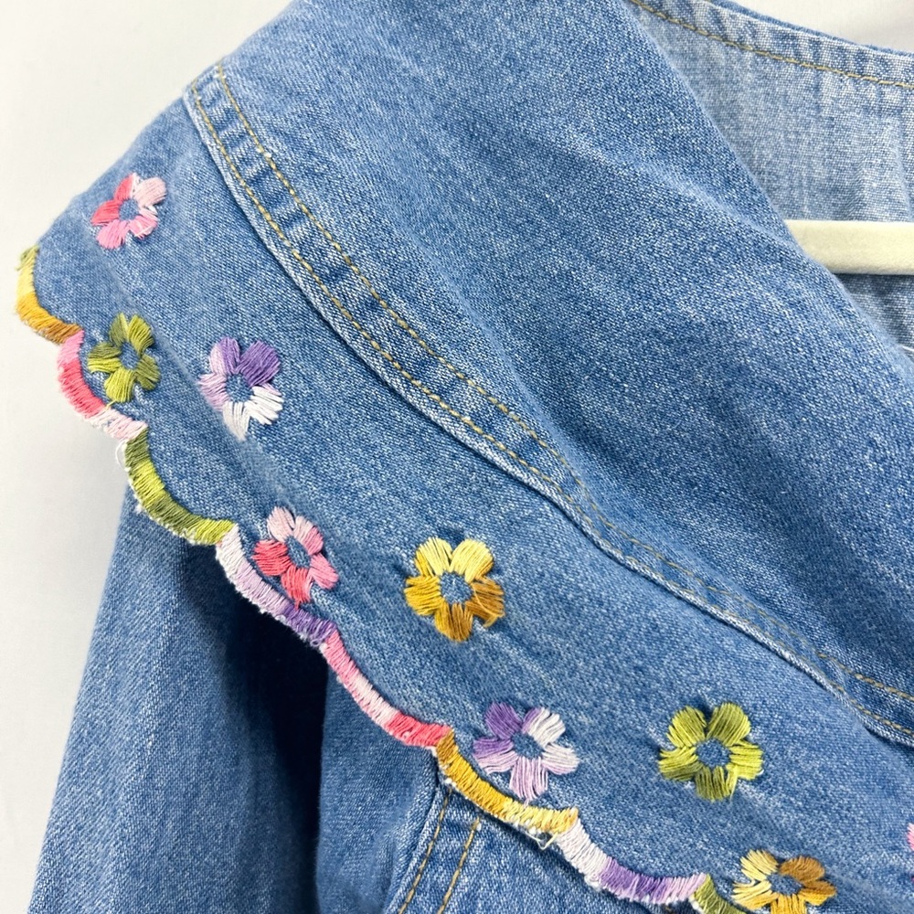 Vintage Switch Denim Floral Embroidered Peter Pan Collar Crop Top Large - Picture 4 of 5
